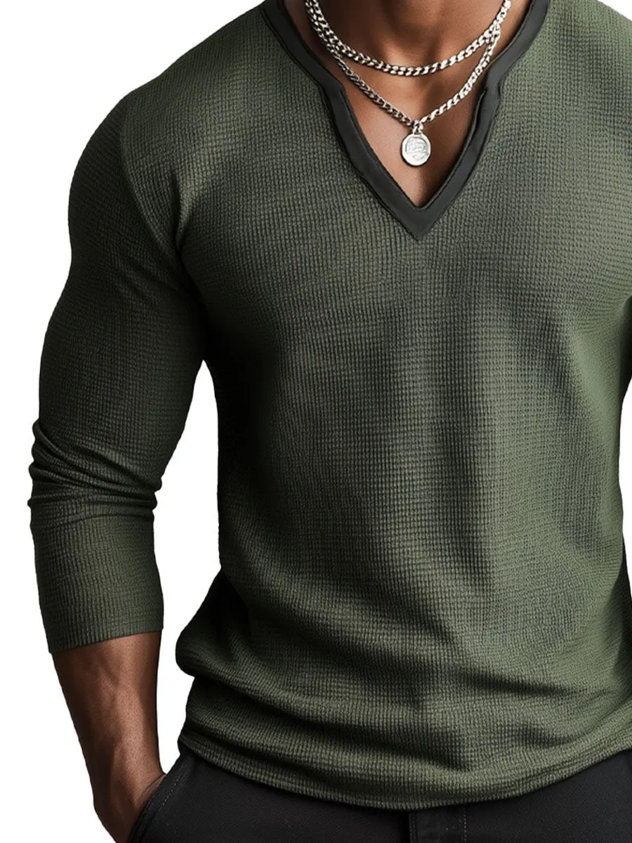 Men's V-Neck Contrast Waffle Long-Sleeved T-Shirt