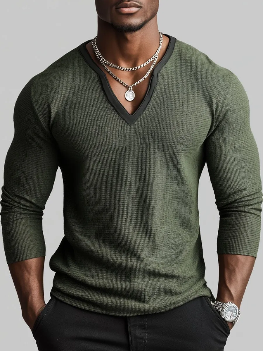 Men's V-Neck Contrast Waffle Long-Sleeved T-Shirt