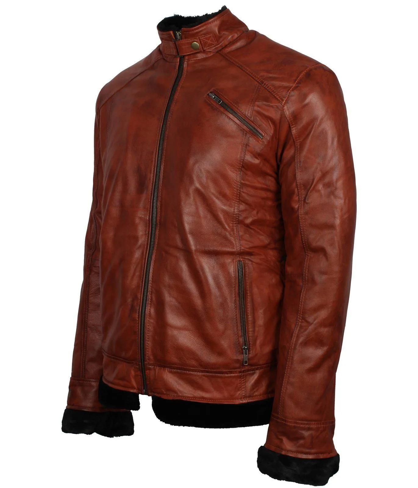 Men's Vintage Brown Genuine Leather Jacket with Fur Lining Classic Style