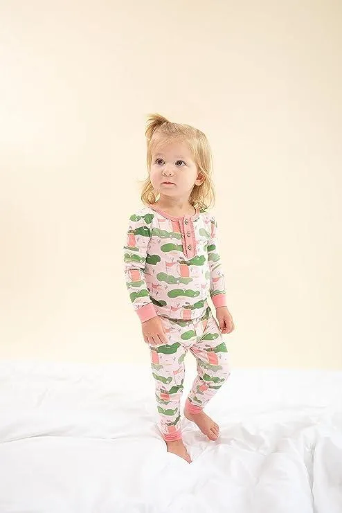 Mud Pie Kids Golf Green Course Print Girls Pink Bamboo Pajama 2 Pc Set