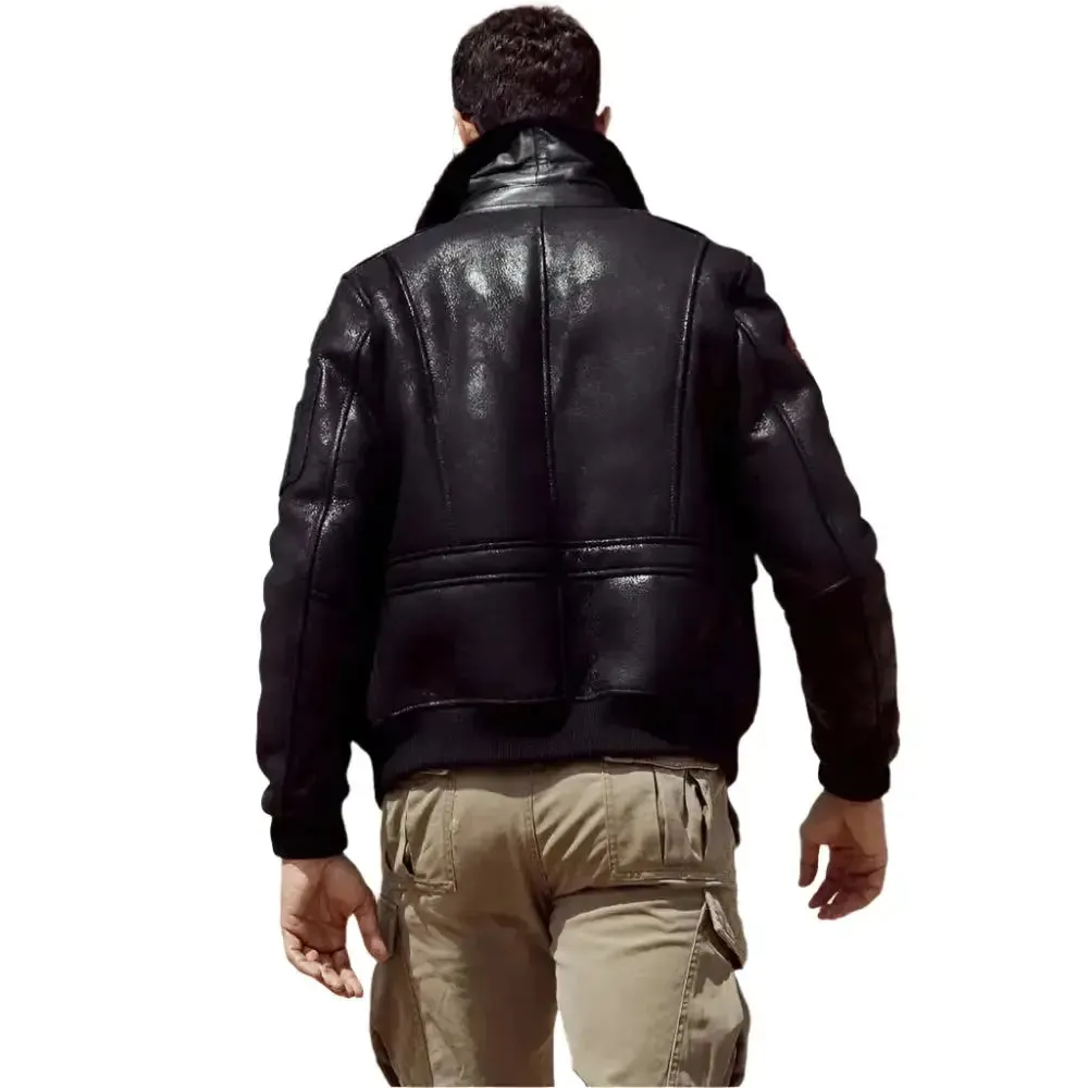 New Men's Black Sheepskin Shearling Flight Jacket - Warm & Stylish