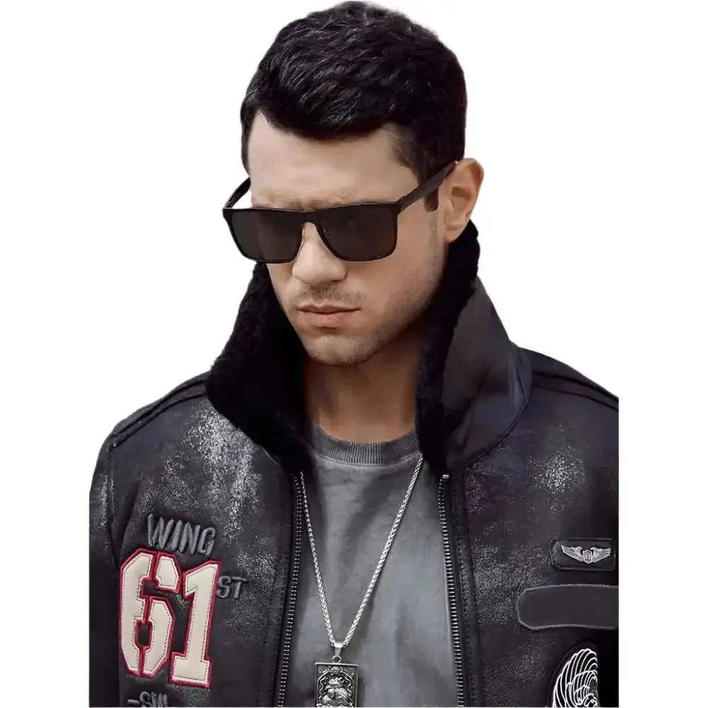 New Men's Black Sheepskin Shearling Flight Jacket - Warm & Stylish