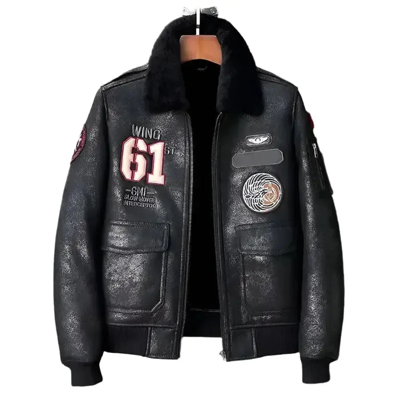 New Men's Black Sheepskin Shearling Flight Jacket - Warm & Stylish