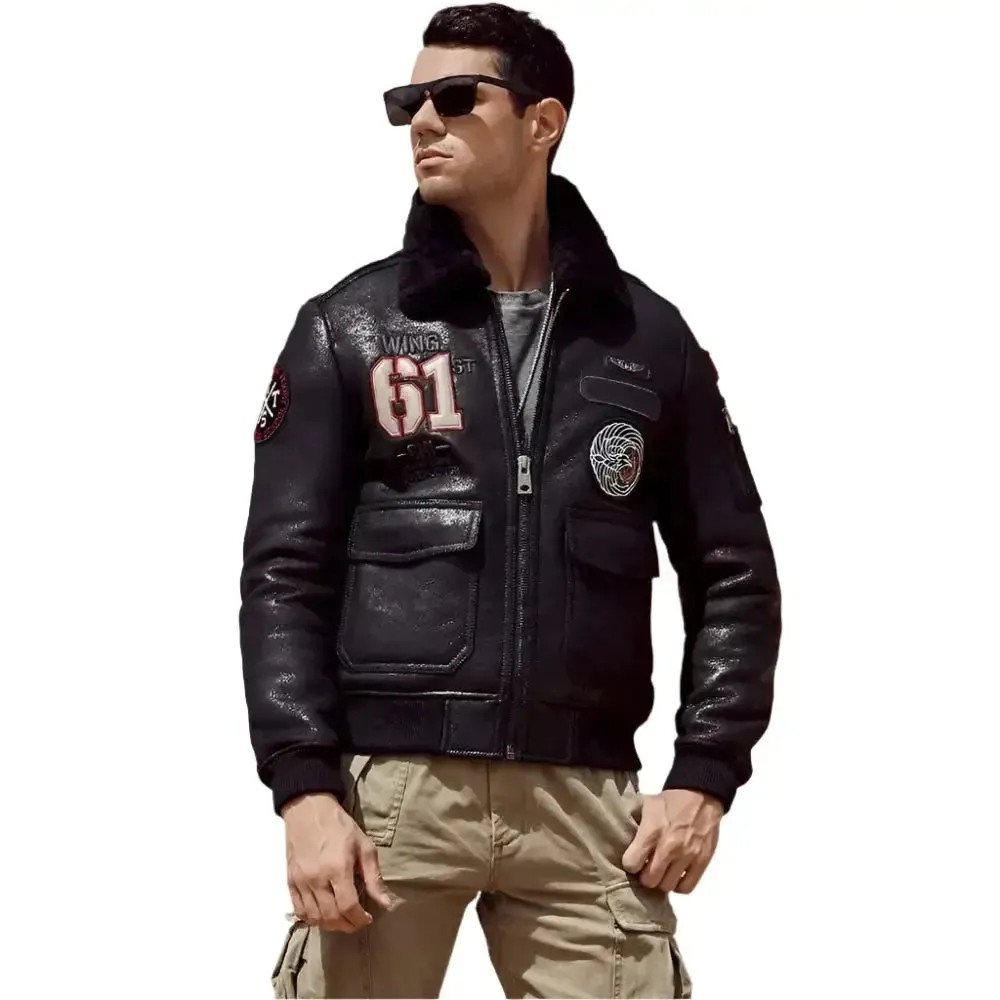 New Men's Black Sheepskin Shearling Flight Jacket - Warm & Stylish