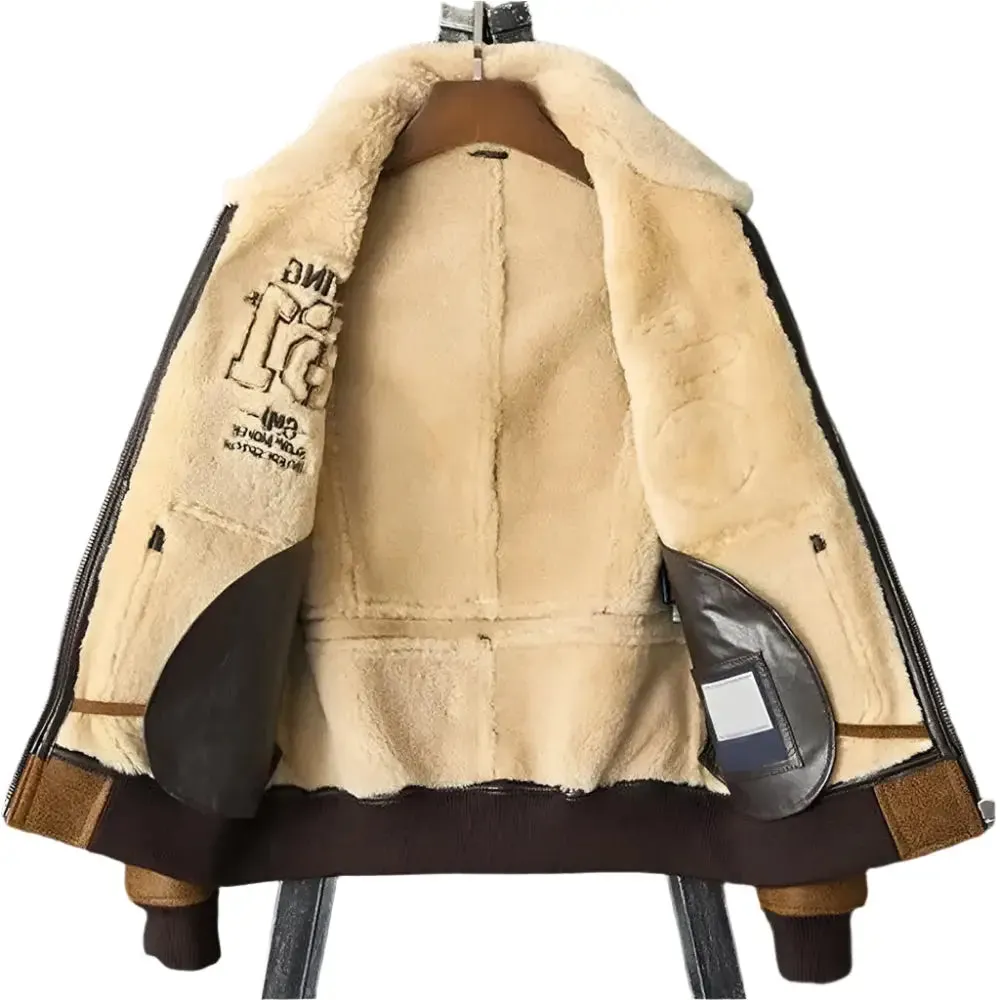 New Men's Brown Embroidered Sheepskin Shearling Jacket Stylish & Warm