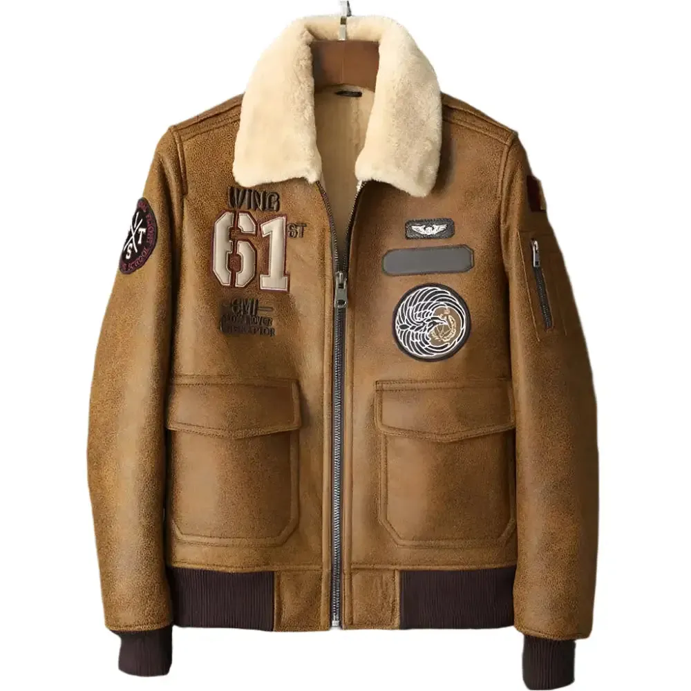 New Men's Brown Embroidered Sheepskin Shearling Jacket Stylish & Warm