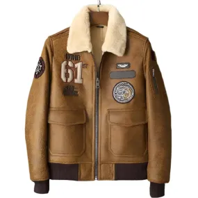 New Men's Brown Embroidered Sheepskin Shearling Jacket Stylish & Warm