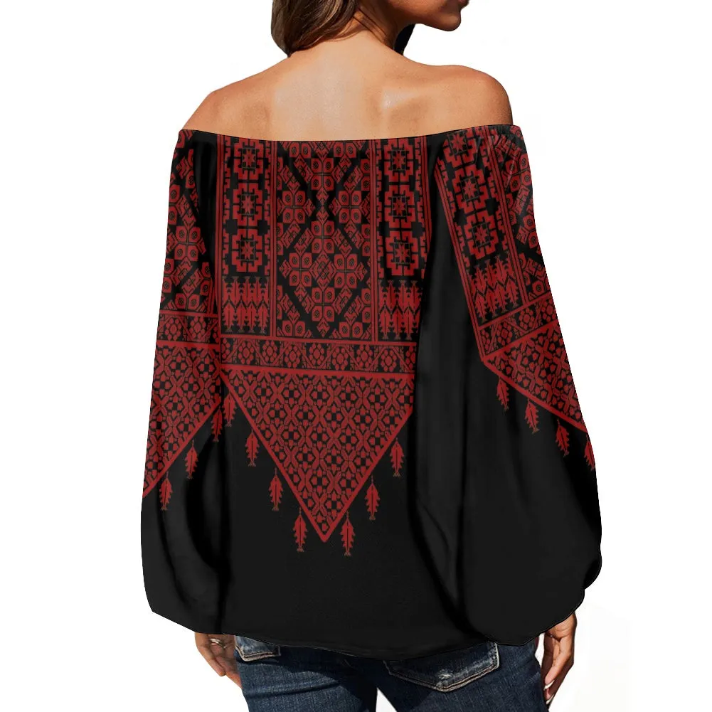 Palestinian Tatreez Print Off-shouldered chiffon blouse