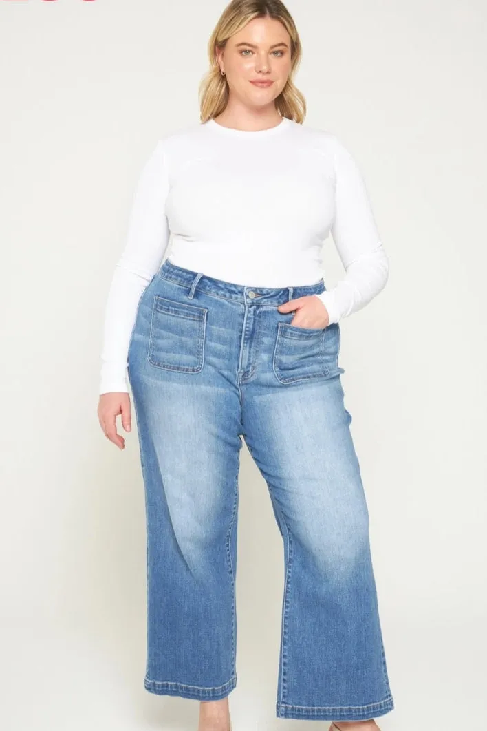 Patch Pocket Cropped Wide Leg Jeans by Mica Denim
