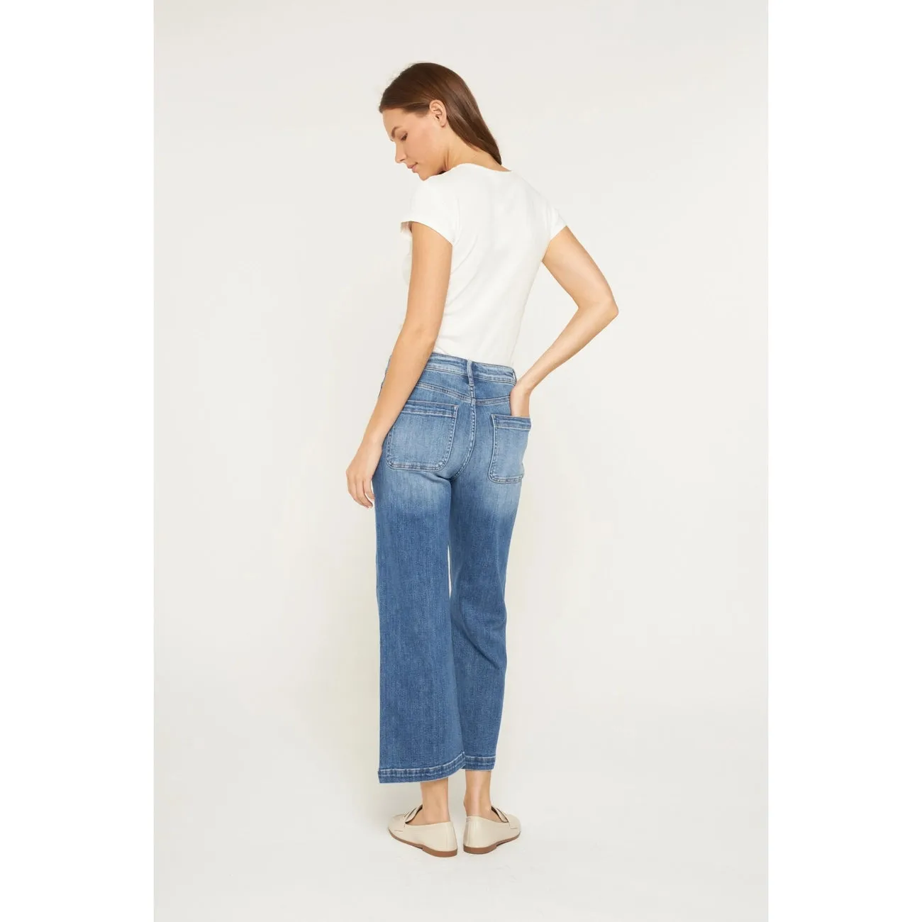 Patch Pocket Cropped Wide Leg Jeans by Mica Denim