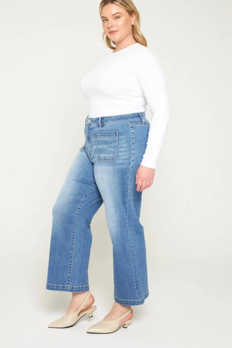 Patch Pocket Cropped Wide Leg Jeans by Mica Denim