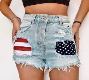 Patriotic Distressed High Waisted Denim Shorts  - American Flag - The Harriet
