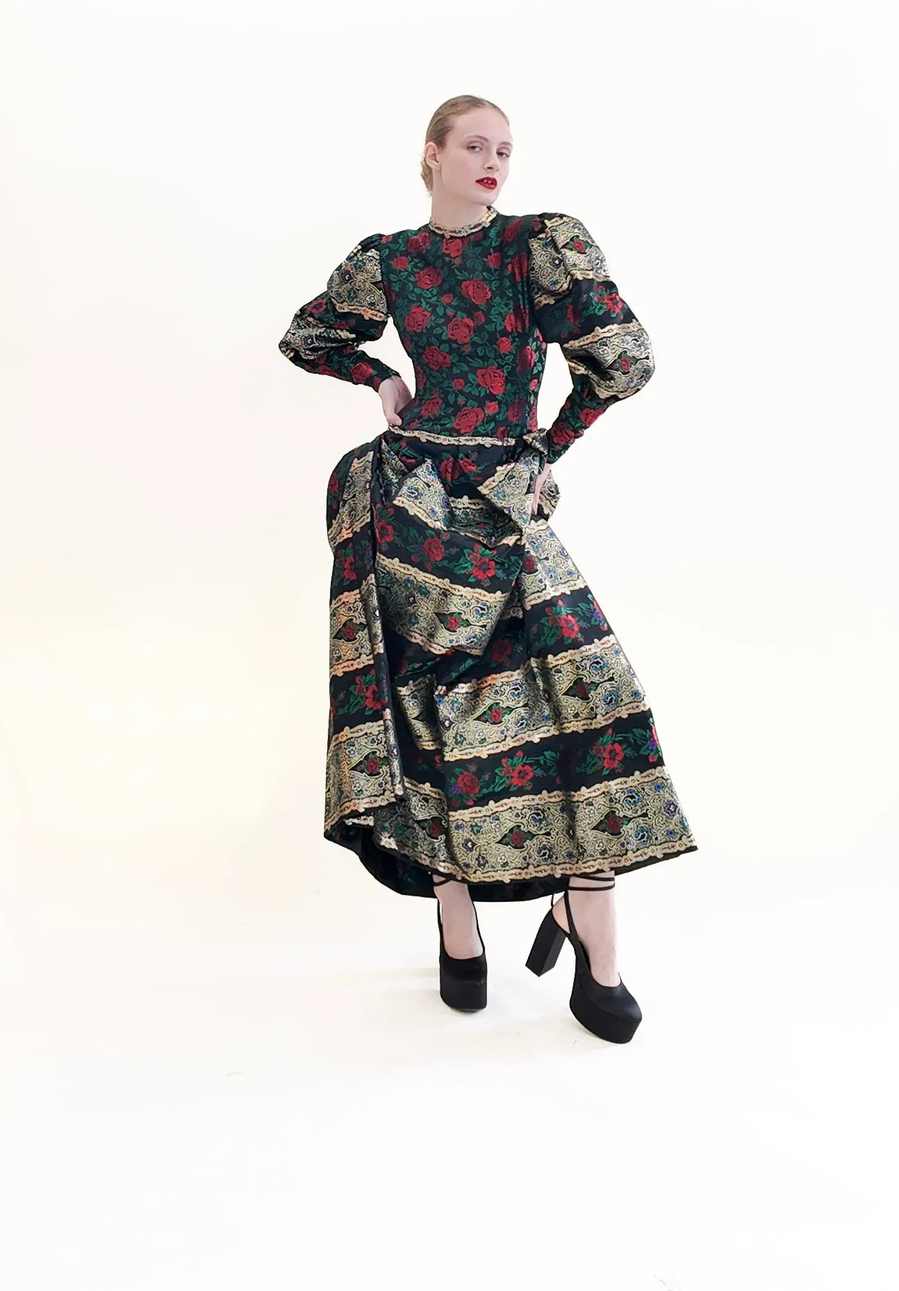 Pauline Trigere Long Puff Sleeve Brocade Floral Print Metallic Gown