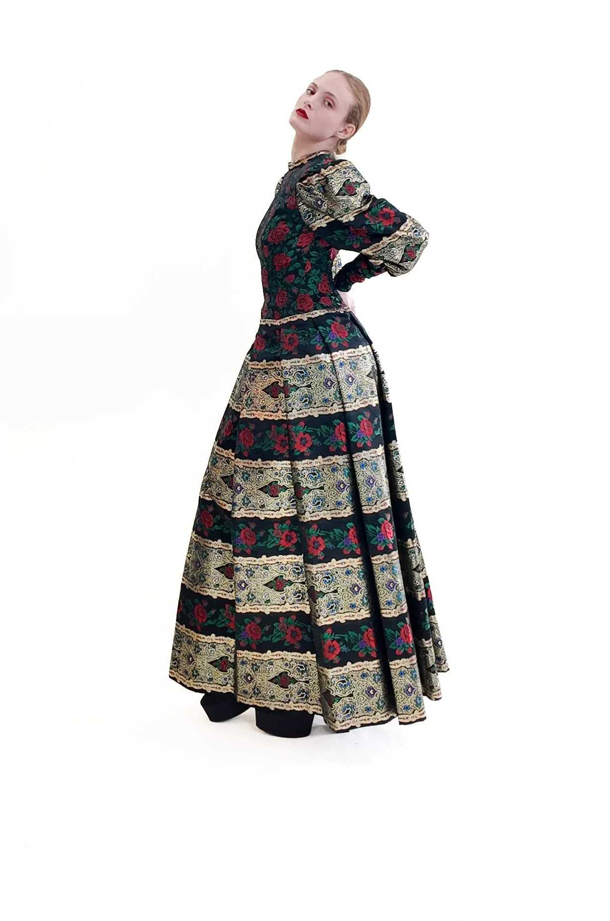 Pauline Trigere Long Puff Sleeve Brocade Floral Print Metallic Gown