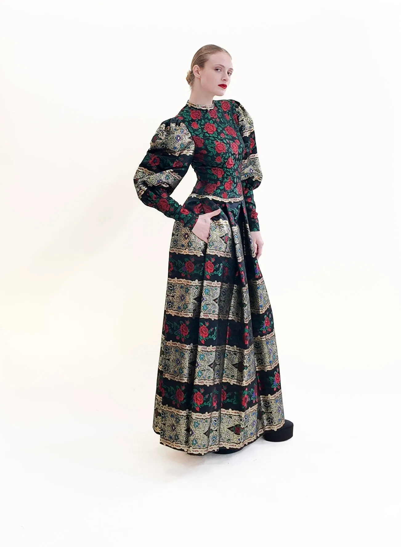 Pauline Trigere Long Puff Sleeve Brocade Floral Print Metallic Gown