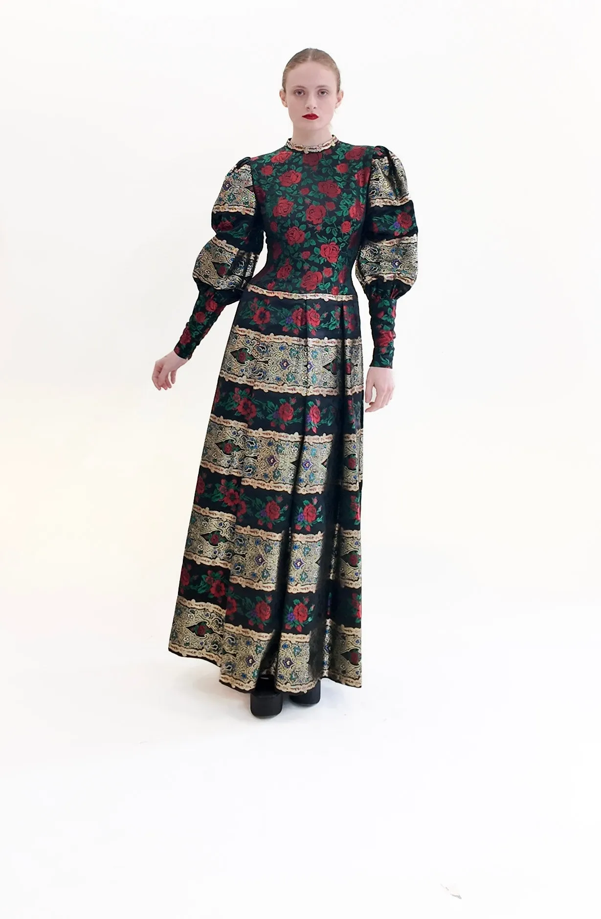 Pauline Trigere Long Puff Sleeve Brocade Floral Print Metallic Gown