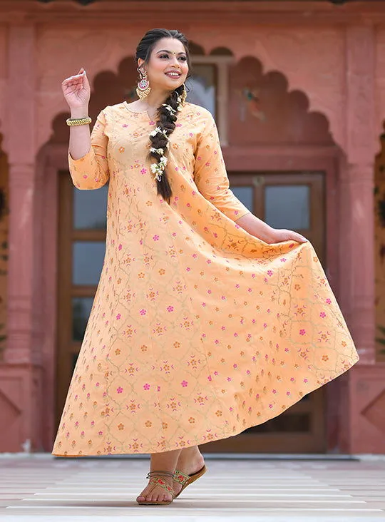 Peach Floral Gold Printed Long Ethnic Gown ((Pack Of 1)