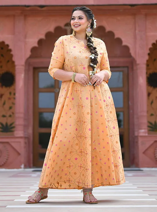 Peach Floral Gold Printed Long Ethnic Gown ((Pack Of 1)