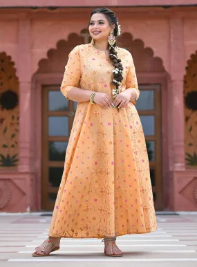 Peach Floral Gold Printed Long Ethnic Gown ((Pack Of 1)