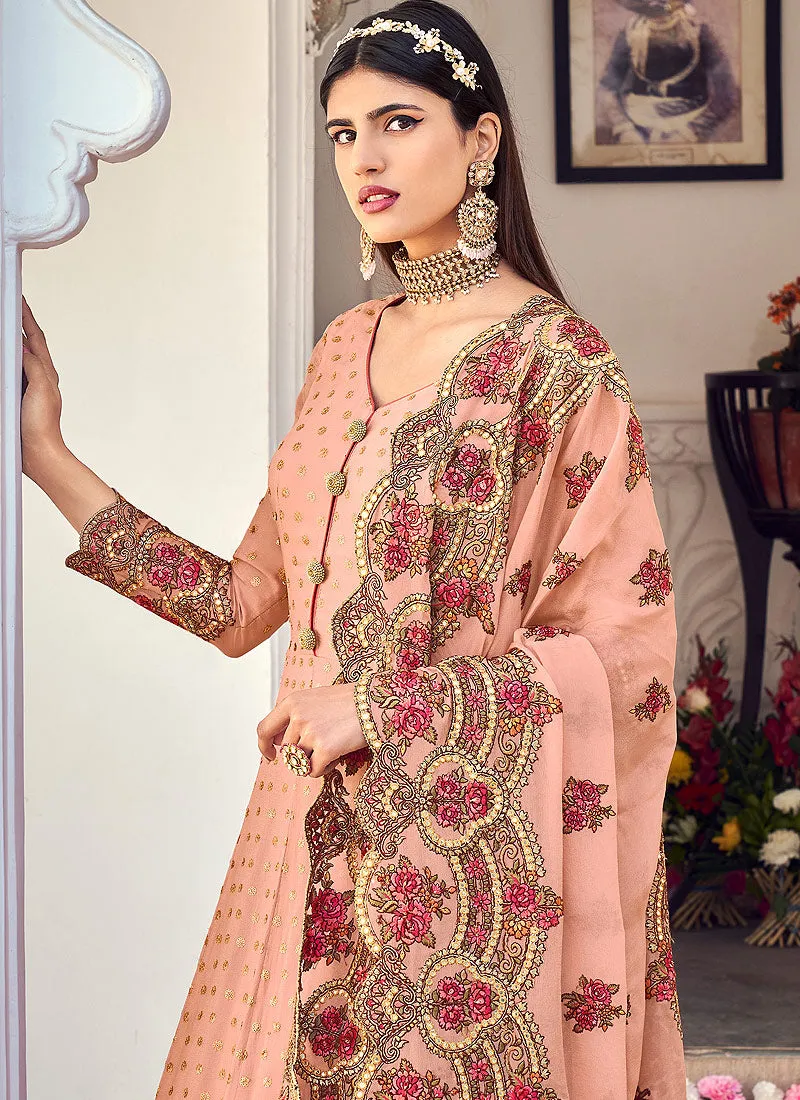 Peach Multi Floral Embroidered Designer Anarkali Gown
