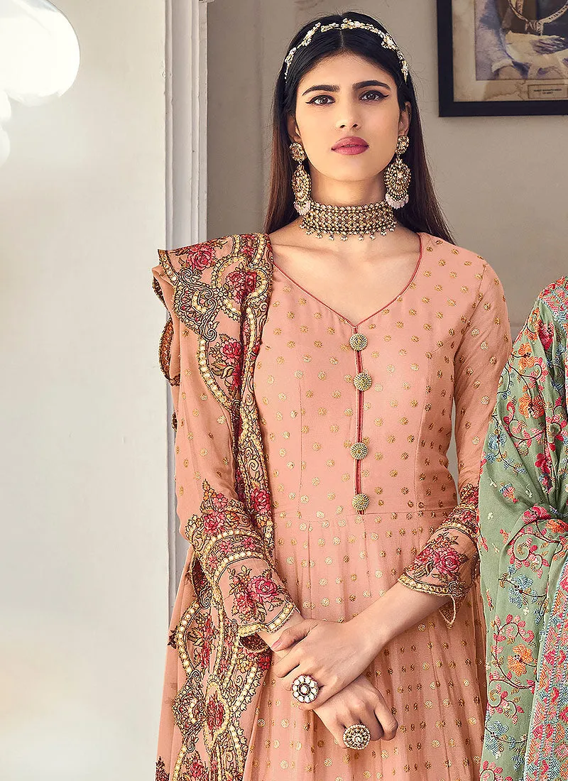 Peach Multi Floral Embroidered Designer Anarkali Gown