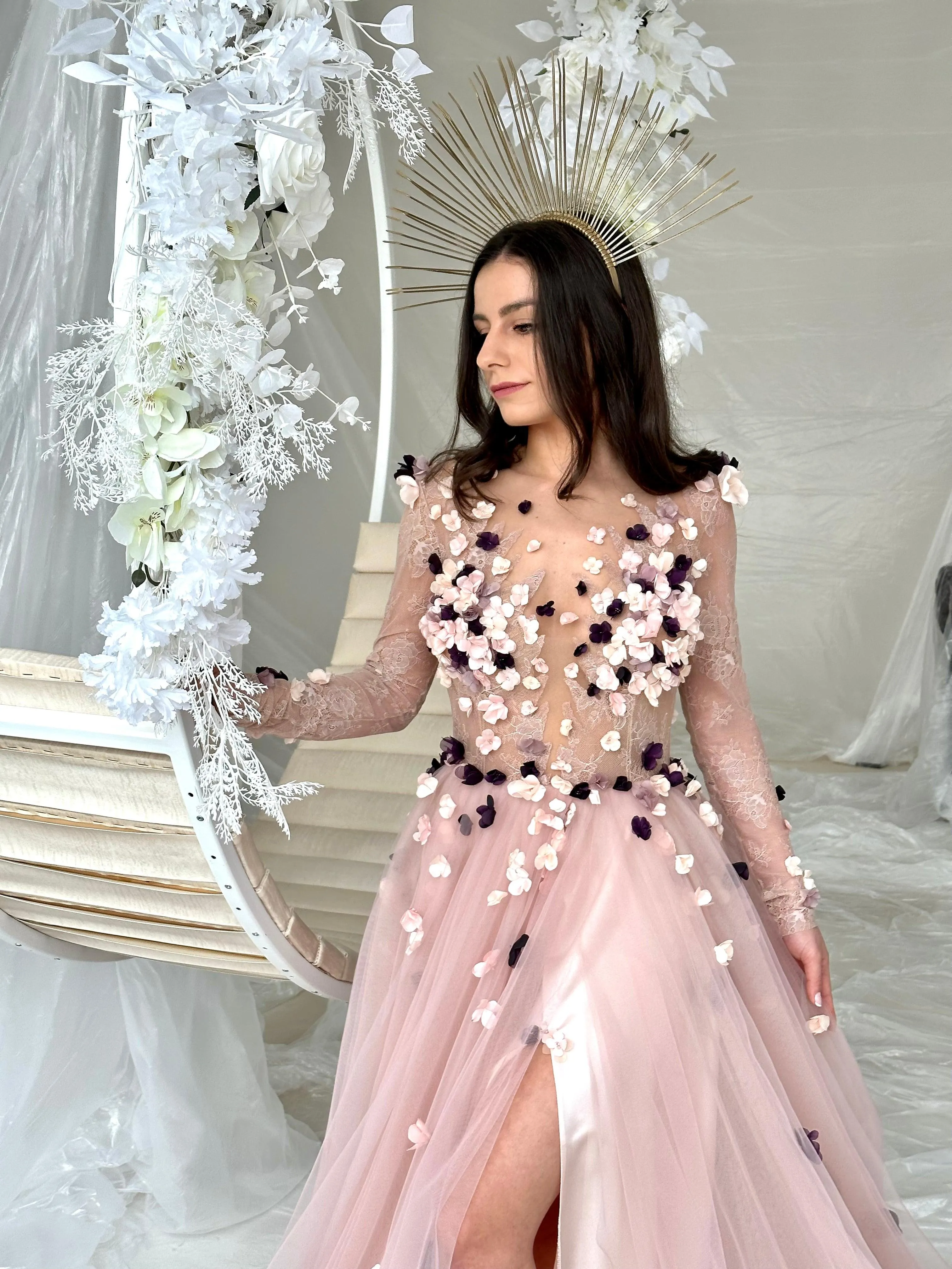 Pink Floral Colorful Gown Long Sleeve