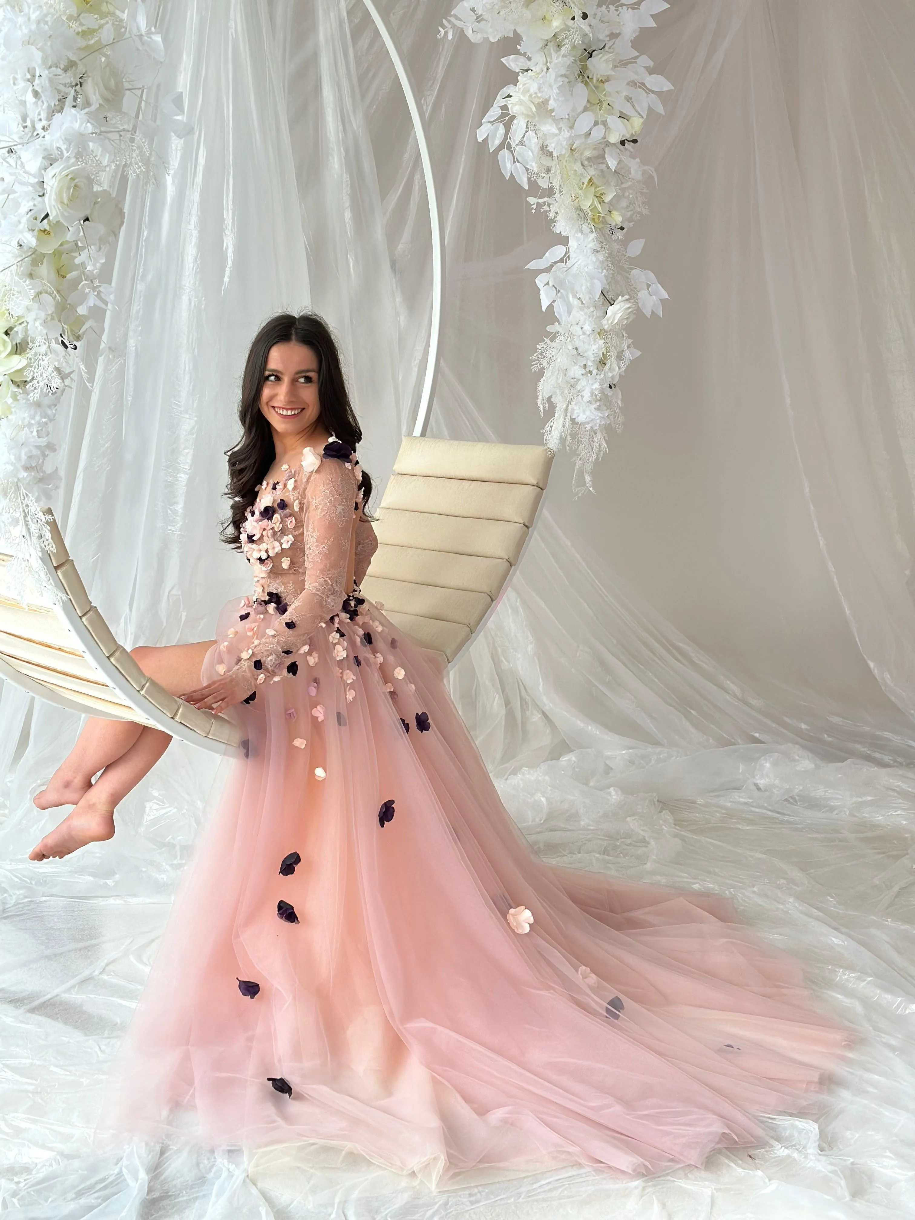 Pink Floral Colorful Gown Long Sleeve