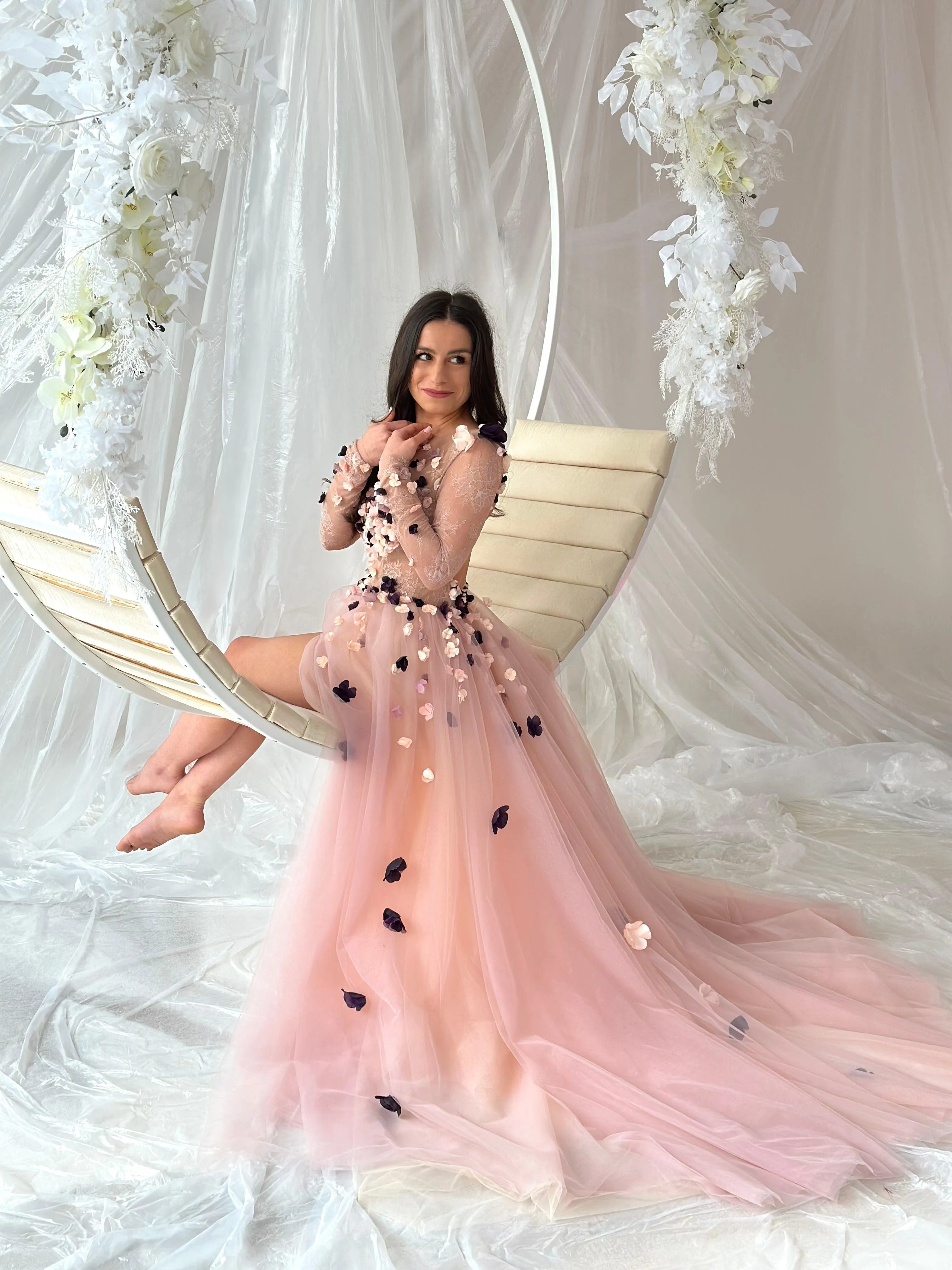 Pink Floral Colorful Gown Long Sleeve