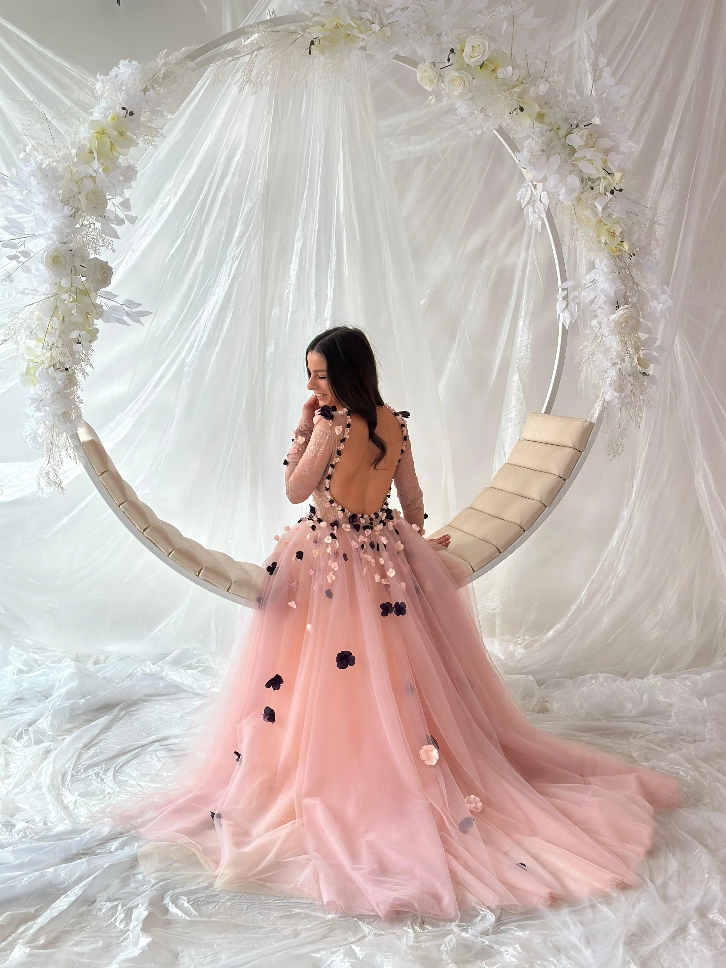 Pink Floral Colorful Gown Long Sleeve