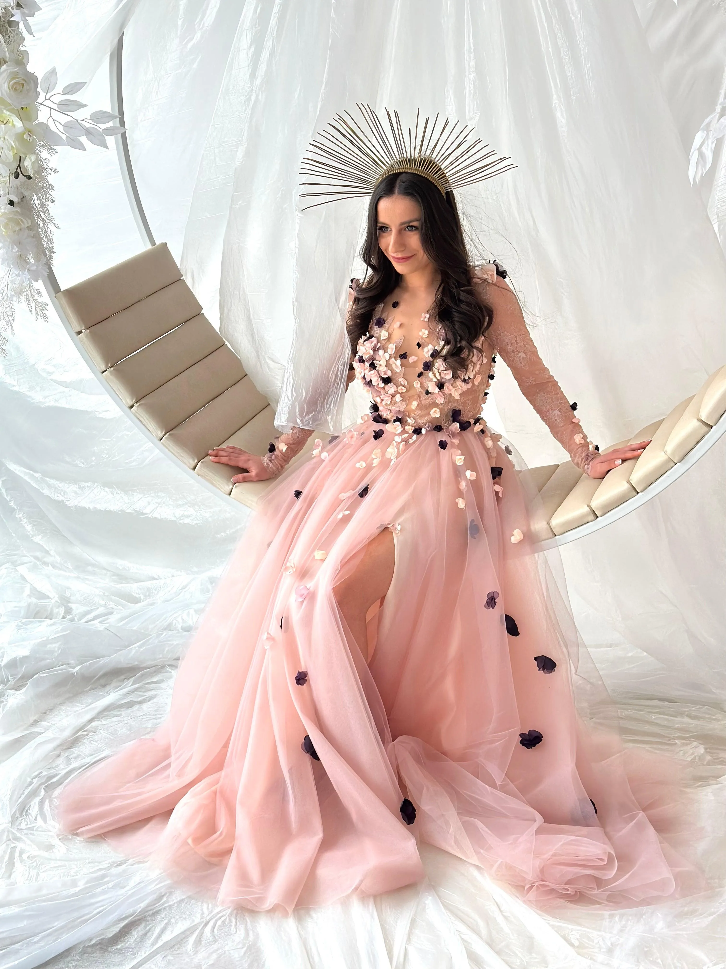Pink Floral Colorful Gown Long Sleeve