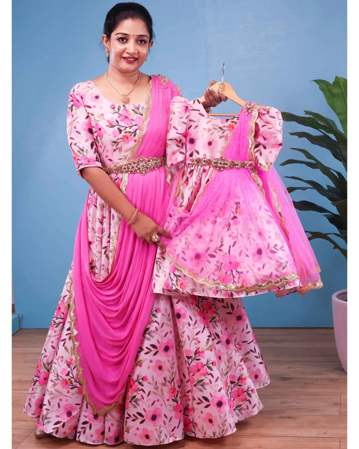 Pink floral printed gown with chiffon dupatta with handcrafted waist belt