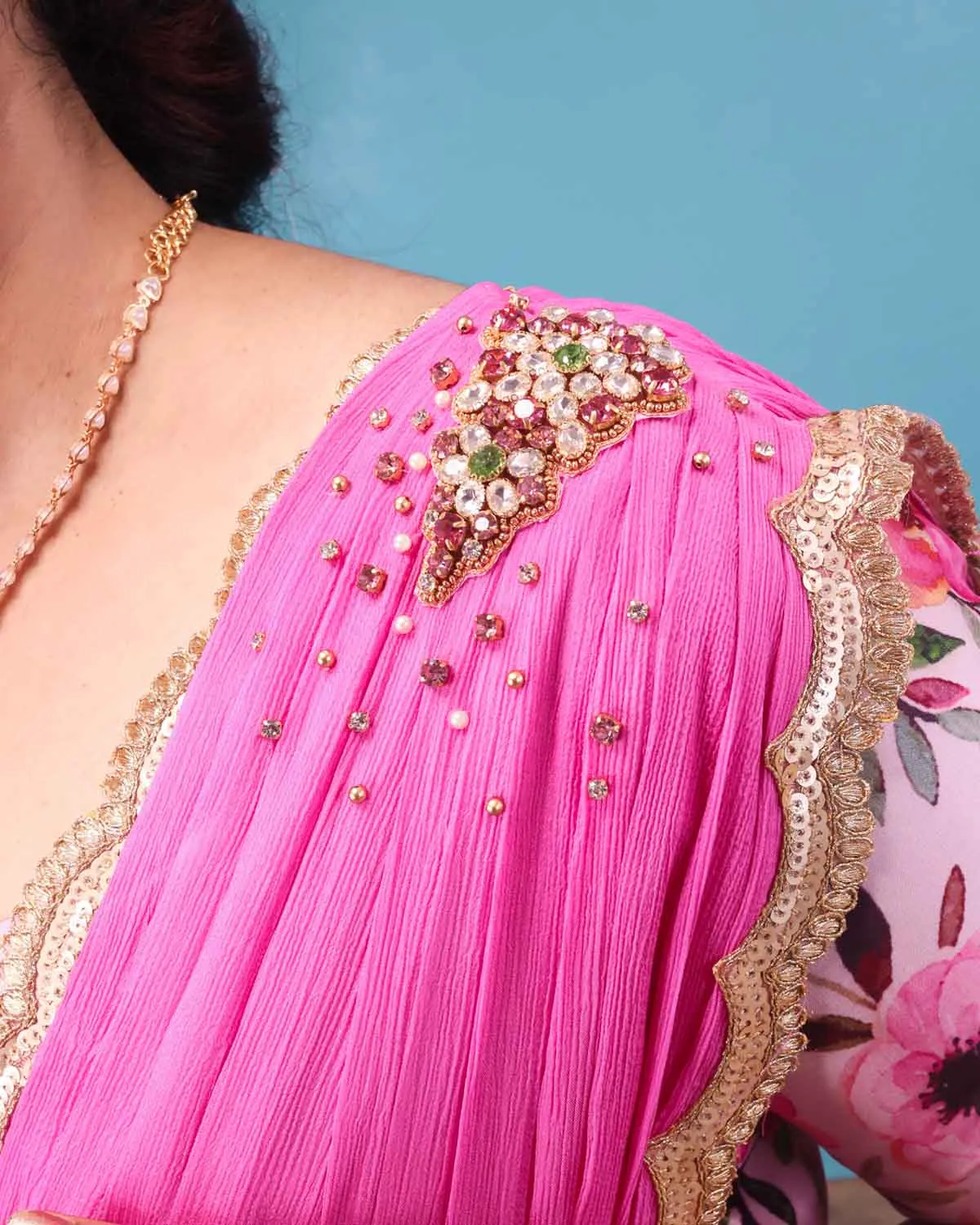 Pink floral printed gown with chiffon dupatta with handcrafted waist belt