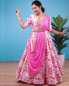 Pink floral printed gown with chiffon dupatta with handcrafted waist belt