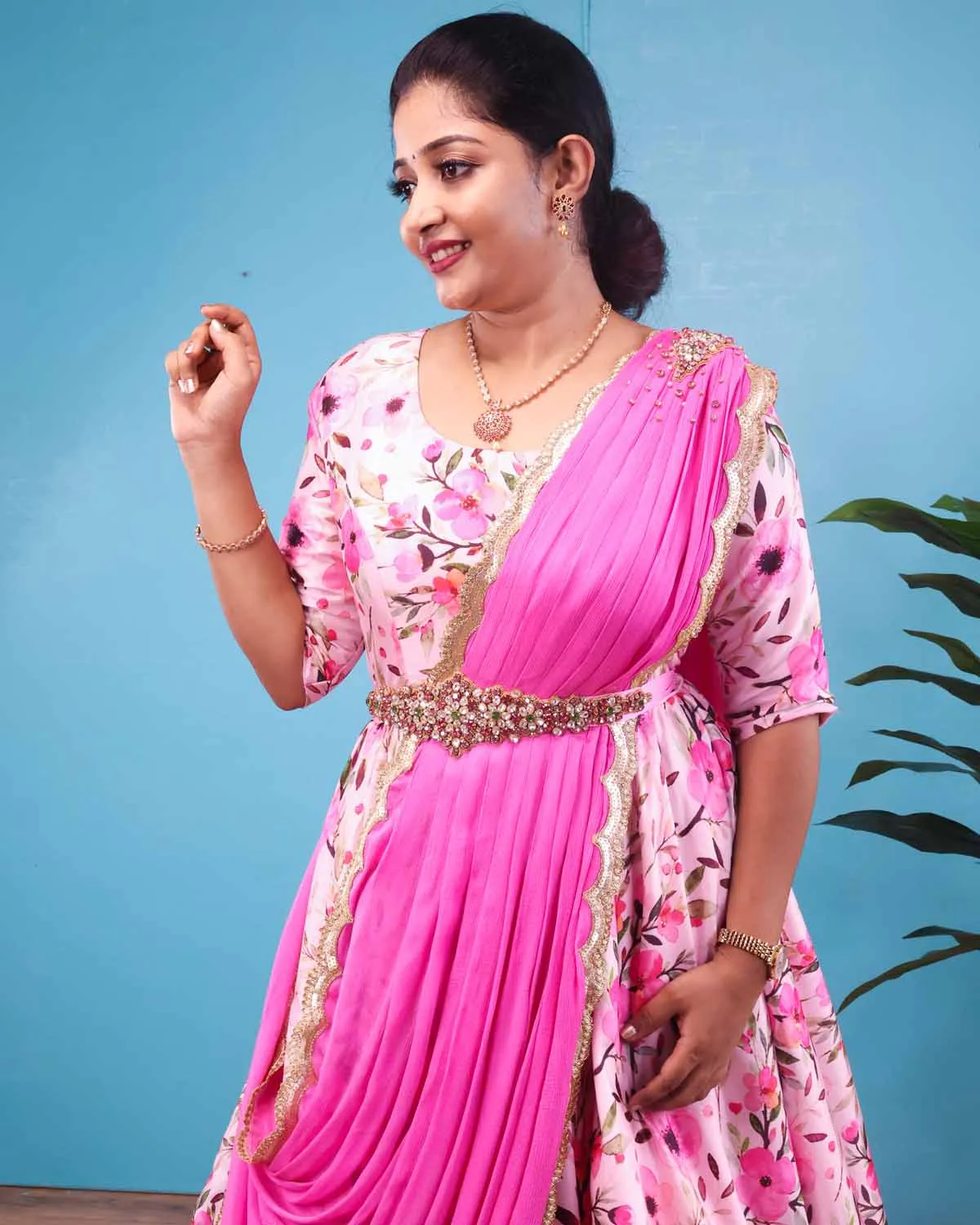 Pink floral printed gown with chiffon dupatta with handcrafted waist belt
