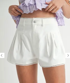 Pleated Lace Trim Shorts, White