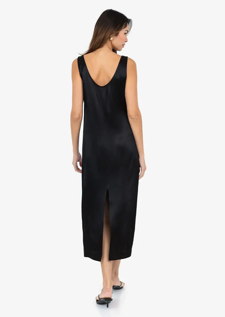 Plisse Midi Dress Black Shiny