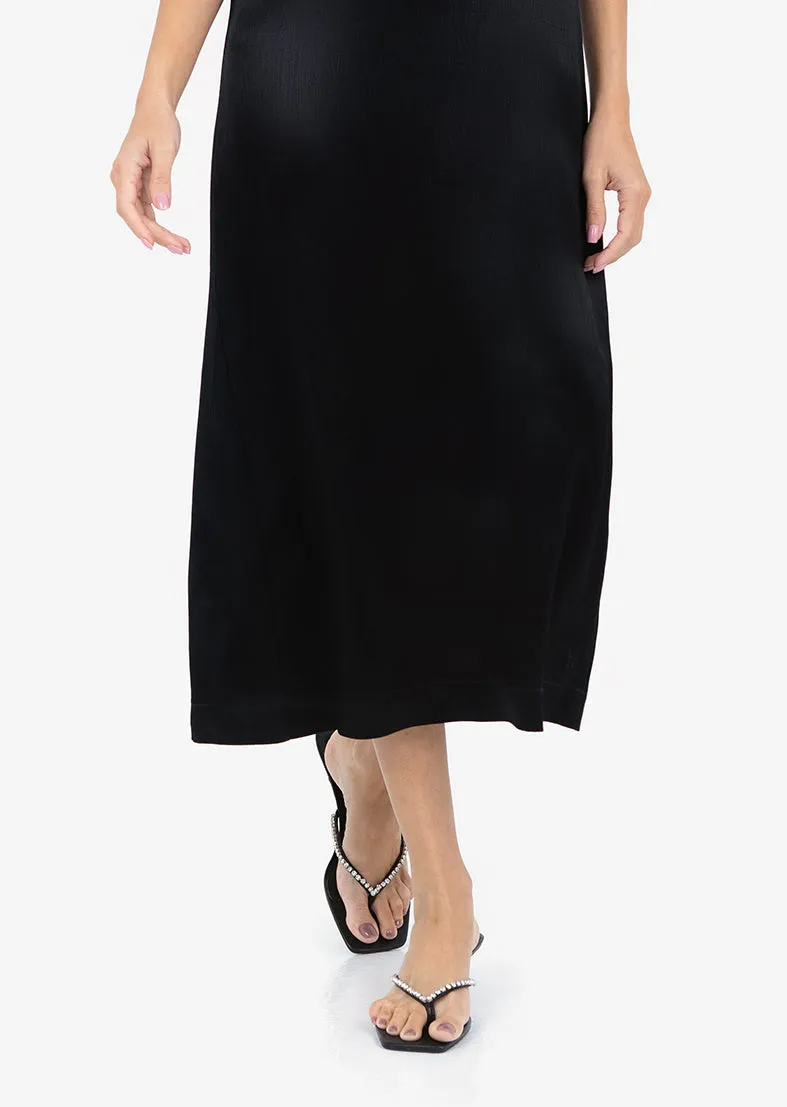 Plisse Midi Dress Black Shiny