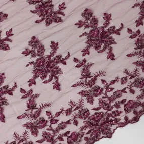 Plum color nylon tulle fabric with plum and plum embroidery and sequins & stones in floral design