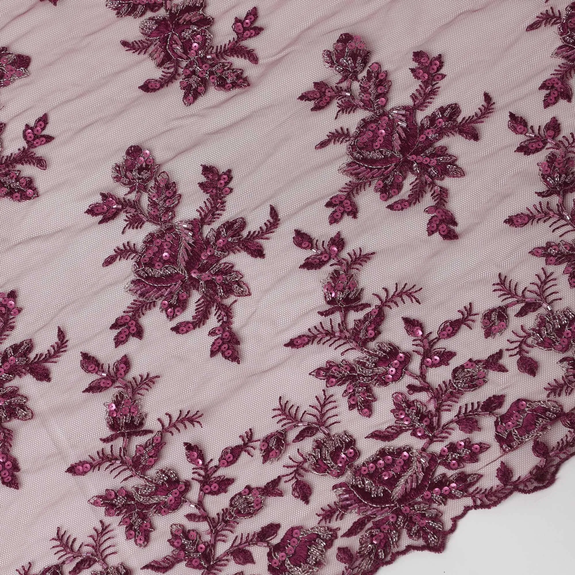 Plum color nylon tulle fabric with plum and plum embroidery and sequins & stones in floral design