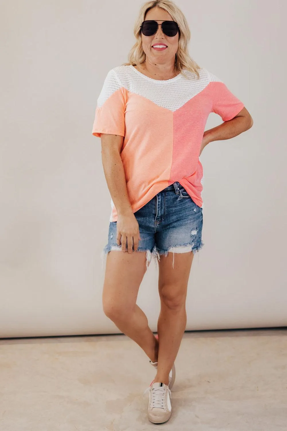 Plus Size Waffle Melon Colorblock Knit Shirt