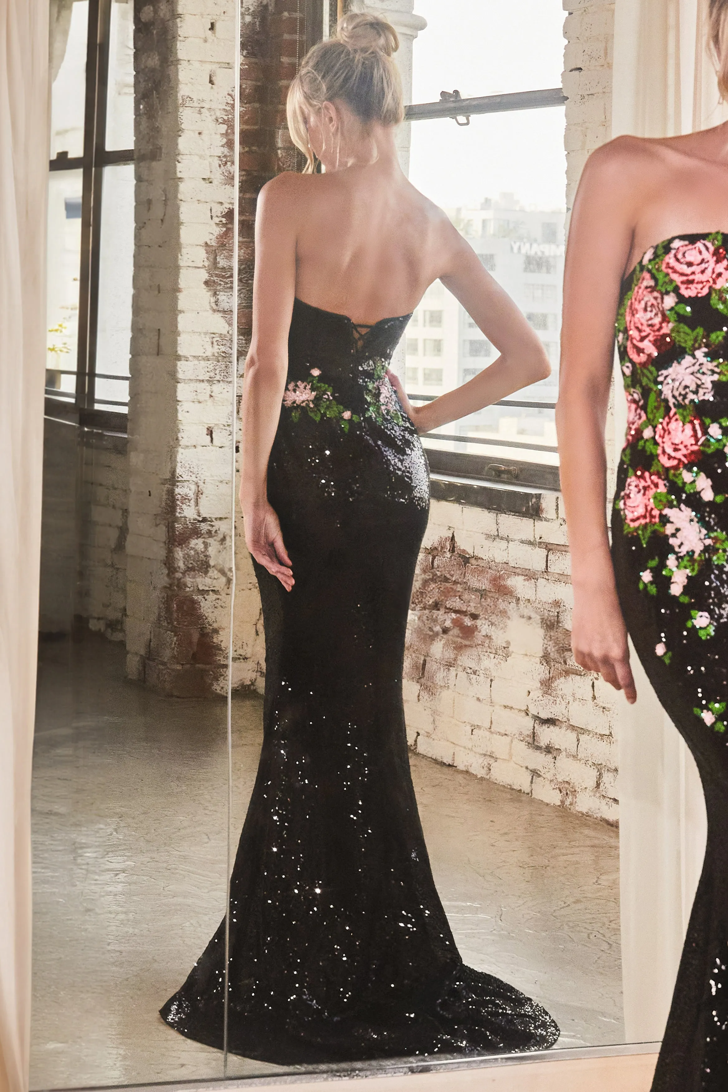Primrose Gown - Strapless Floral-Patterned Sequin Dress
