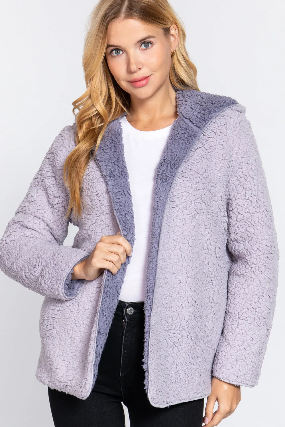 Reversible Open Front Hooded Faux Fur Jacket