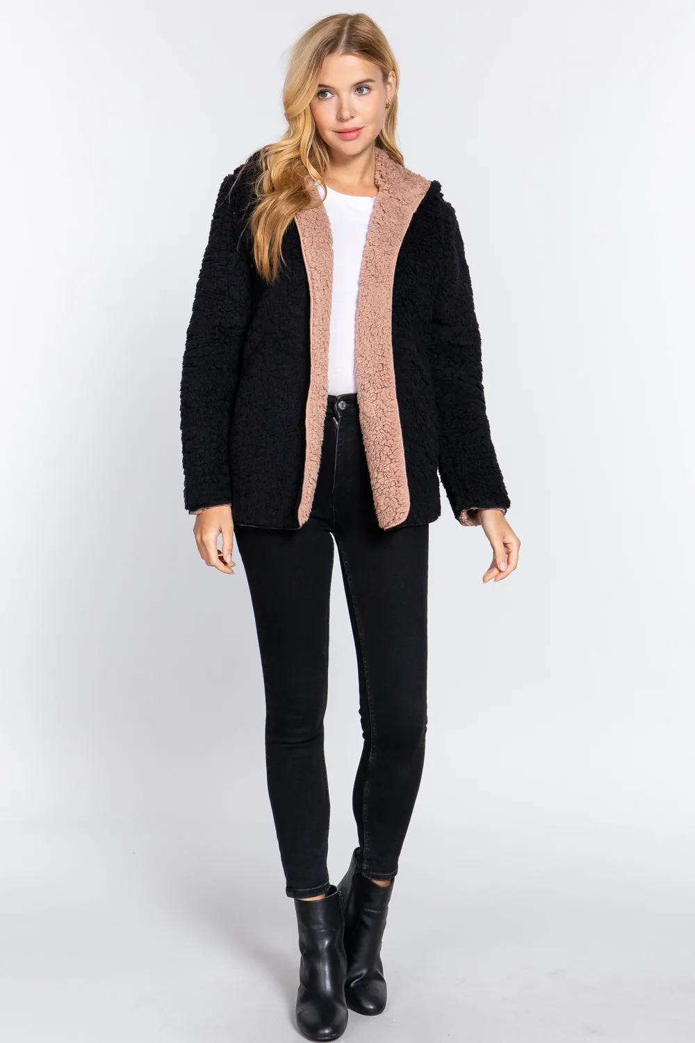 Reversible Open Front Hooded Faux Fur Jacket