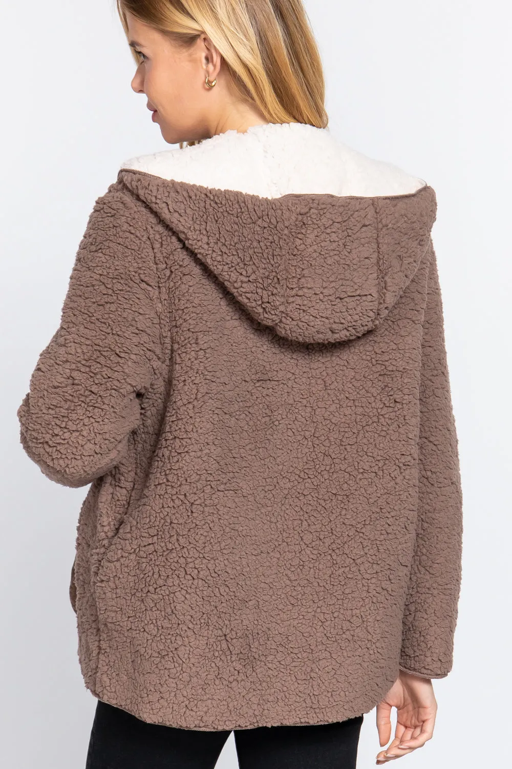 Reversible Open Front Hooded Faux Fur Jacket