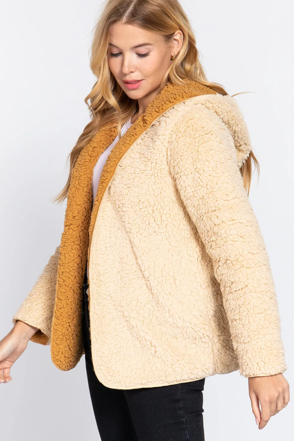 Reversible Open Front Hooded Faux Fur Jacket