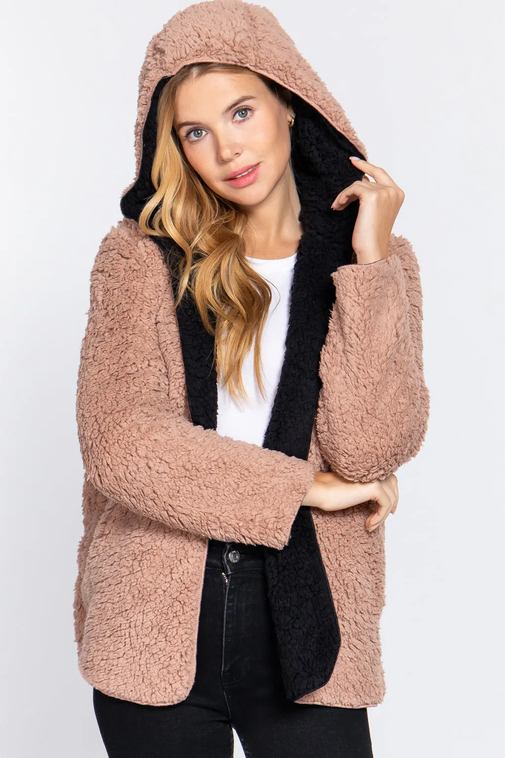 Reversible Open Front Hooded Faux Fur Jacket