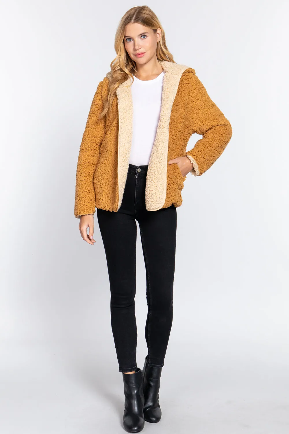 Reversible Open Front Hooded Faux Fur Jacket