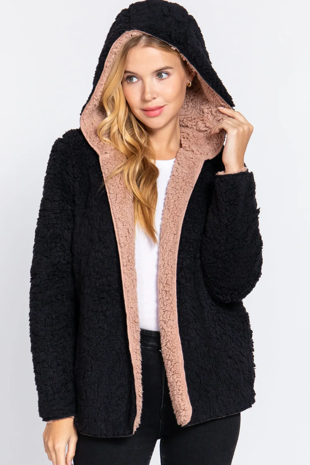 Reversible Open Front Hooded Faux Fur Jacket