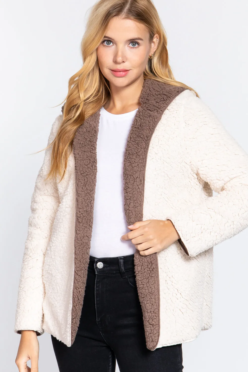 Reversible Open Front Hooded Faux Fur Jacket