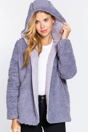 Reversible Open Front Hooded Faux Fur Jacket